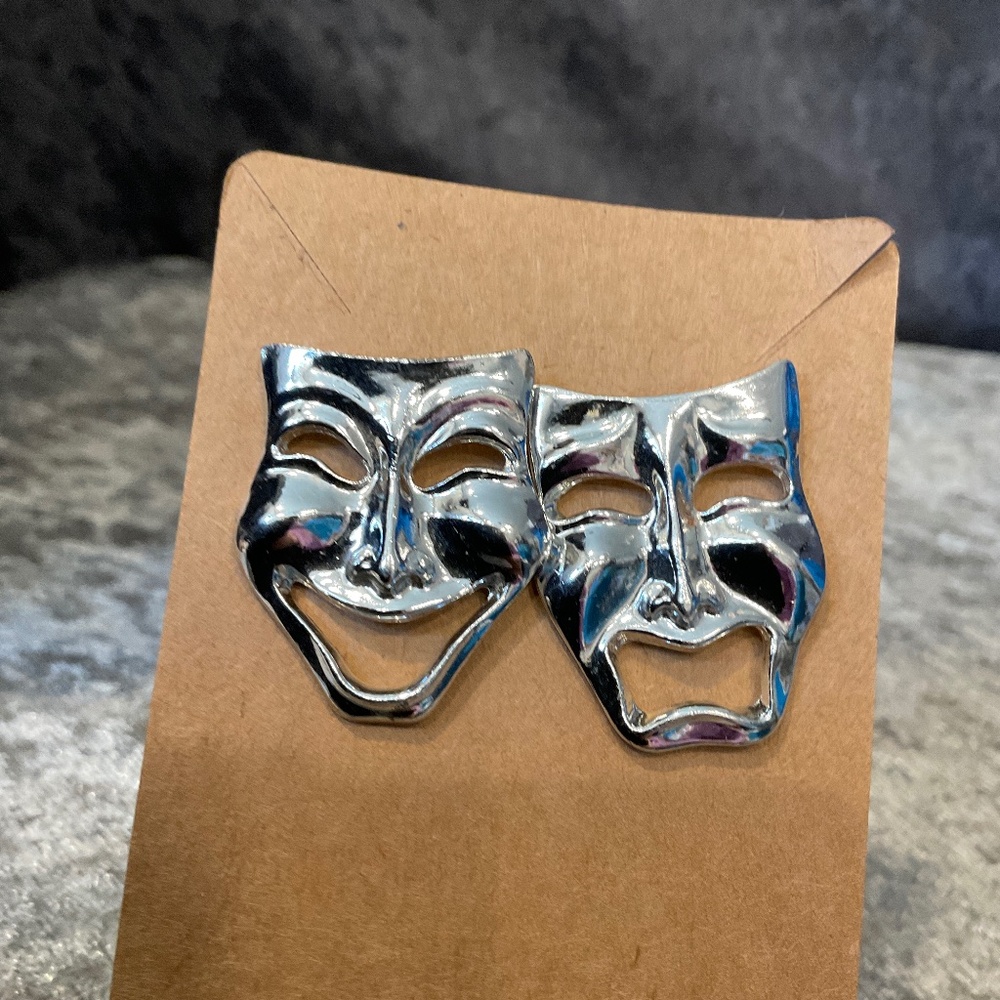 Vintage Silver Comedy and Tragedy Mask Pierced Earrings